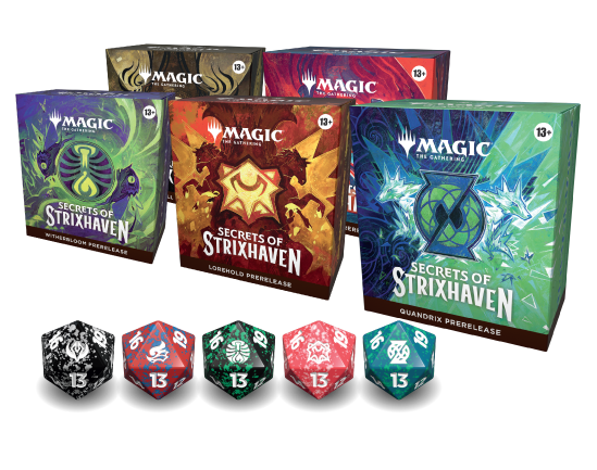 חמש ערכות פריריליס של Strixhaven עם קוביות ספינדאון תואמות