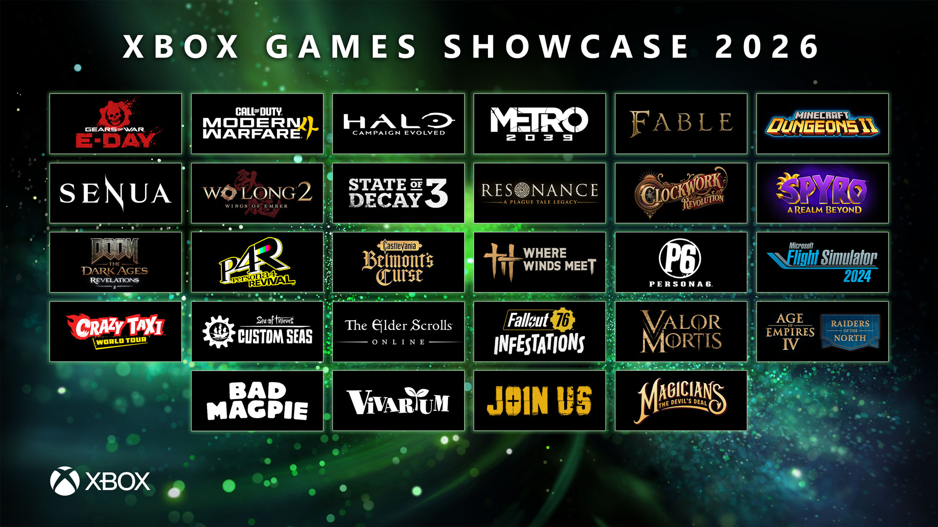 רשת הלוגואים של כל המשחקים שהוצגו ב-Xbox Games Showcase 2026